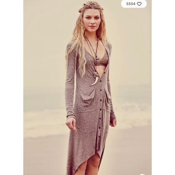 Free People Beach Ribbed Up Maxi Cardigan Cover-Up Dress Button Front Sz S Gray - Picture 1 of 11